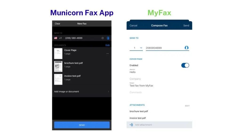 Comparison screenshot of Municorn fax app and MyFax app interfaces focusing on usability