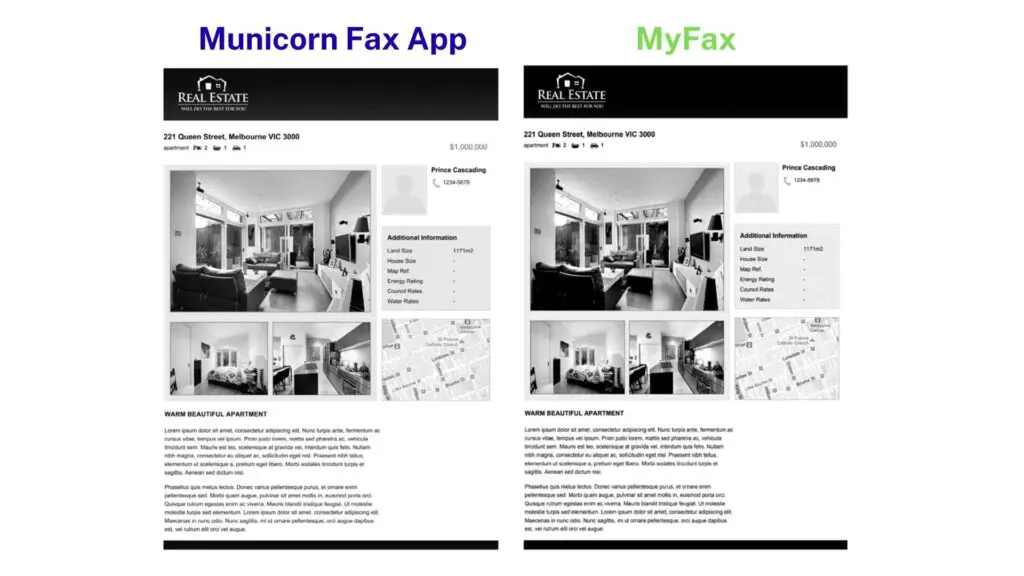 municorn fax app vs myfax sent fax page quality comparison