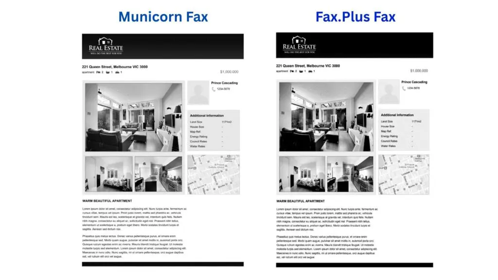 two images of a faxed document by different online fax providers - municorn fax and fax plus. the municorn one is slightly better quality