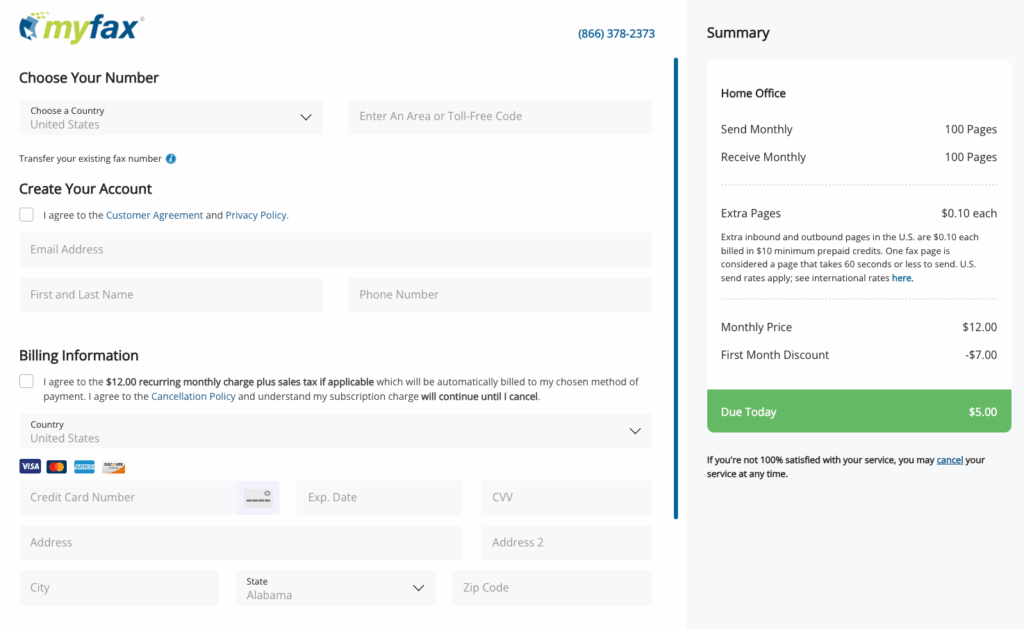 Screenshot of the MyFax online interface showing the main dashboard with fax options and recent activity.