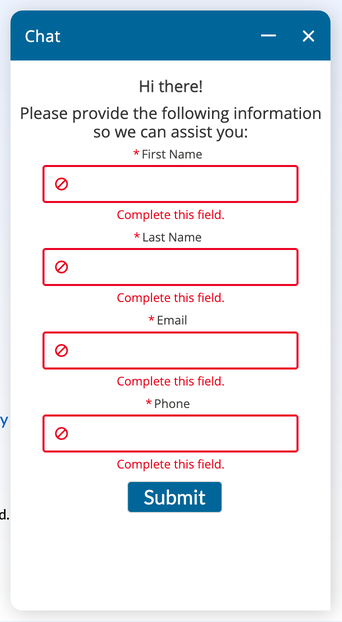 MyFax customer support page showing a contact form labeled as live chat but requiring submission for email follow-up.