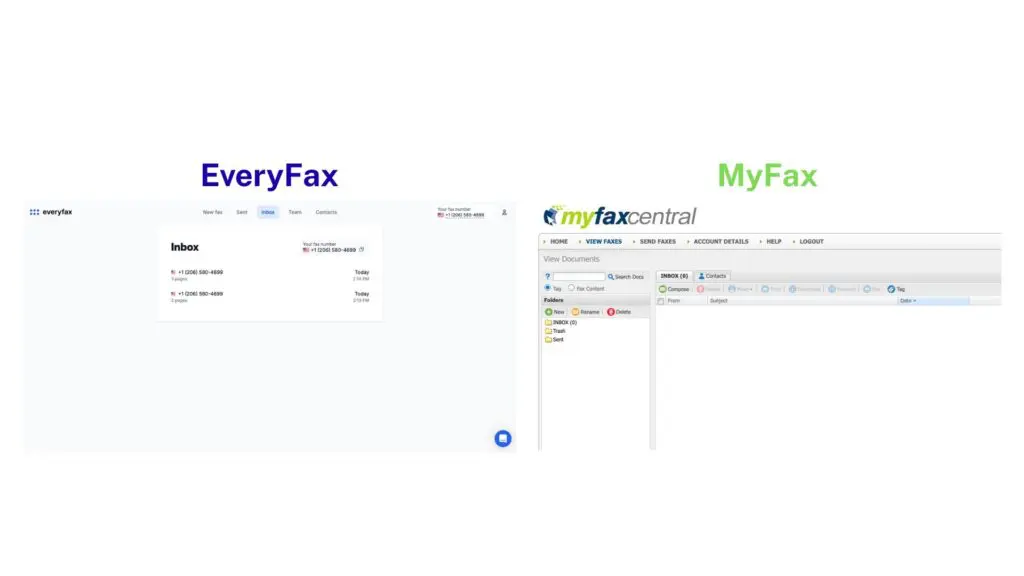 Side-by-side comparison of MyFax and EveryFax menu interfaces highlighting layout and feature differences.