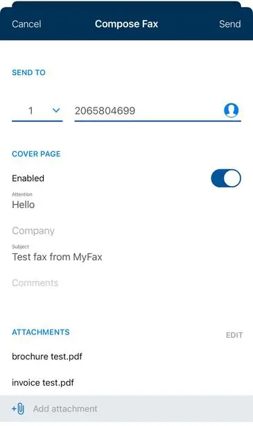 Mobile app screen of MyFax showing the send fax feature with options to add recipients, attach documents, and send.