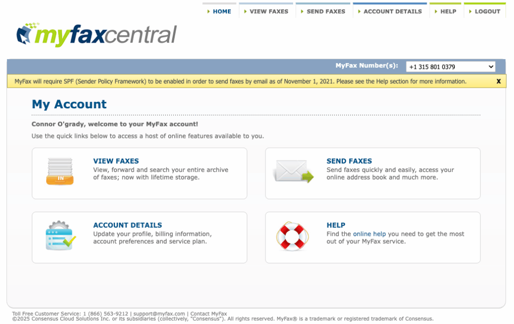MyFax website login page with fields for viewing and sending the faxes as well as help and account details