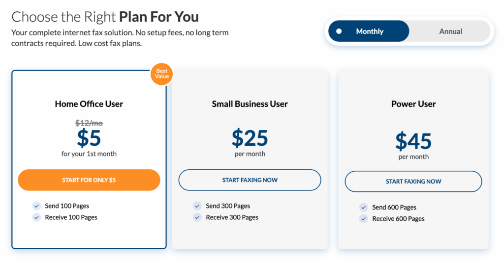 Overview of MyFax pricing plans highlighting the affordable 'Home Office User' package with 100 pages per month and personal fax number.