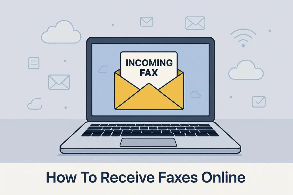 receive fax online cover pic featuring a laptop used to receive incoming faxes