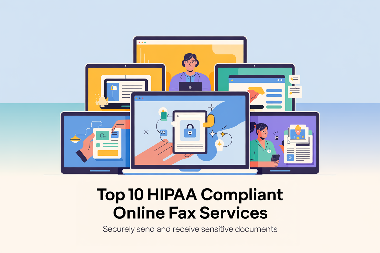 six laptop and mobile device screens, each displaying a different user interface of HIPAA-compliant online fax services. Below the devices, a sleek, modern banner features the article title in bold, white sans-serif font: “Top 10 HIPAA Compliant Online Fax Services,” accompanied by the tagline "Securely Send and Receive Sensitive Documents"