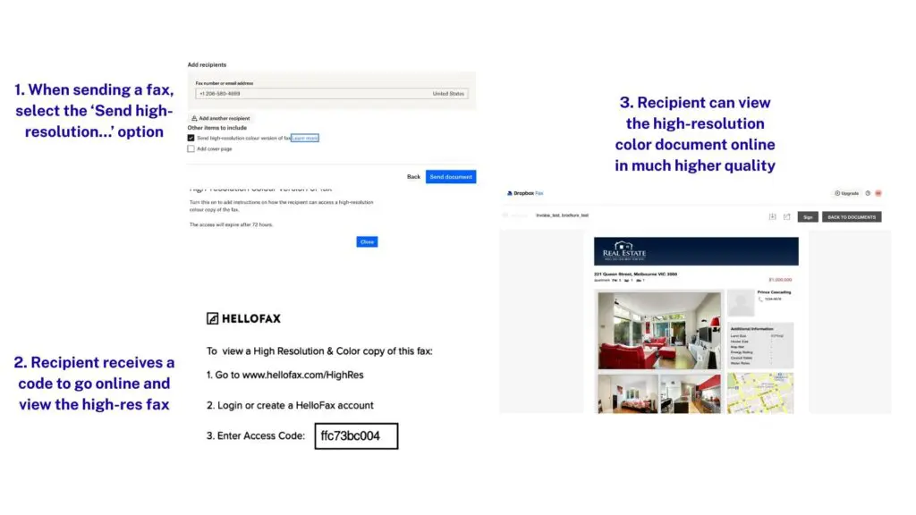instruction for a high res option in dropbox fax