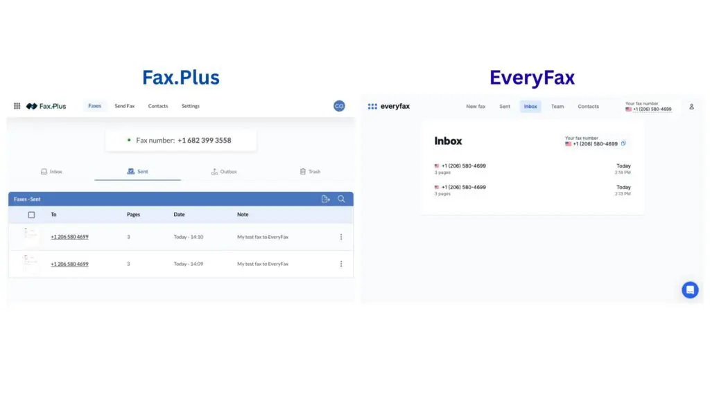 EveryFax and Fax.Plus receive faxe interface screenshots side by side