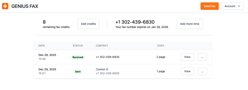 genius fax interface screenshot