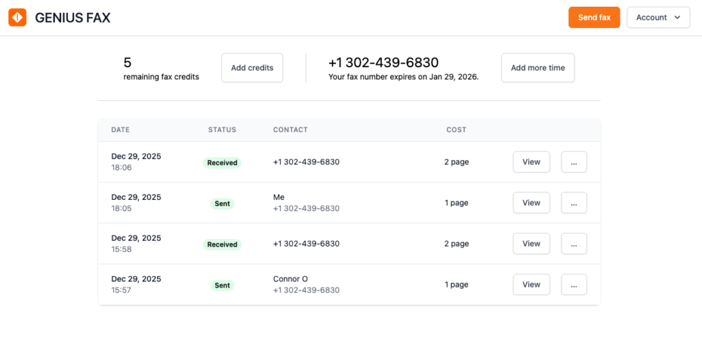 genius fax interface screenshot