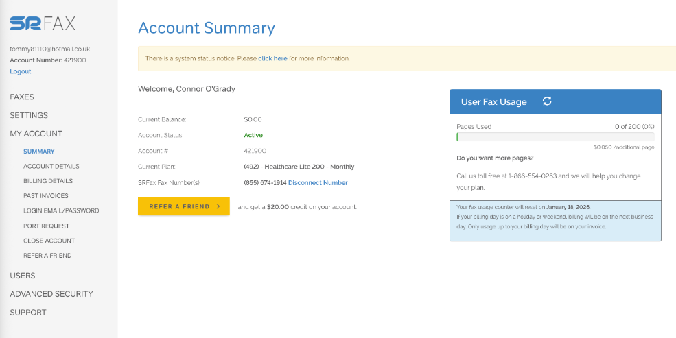 srfax account settings