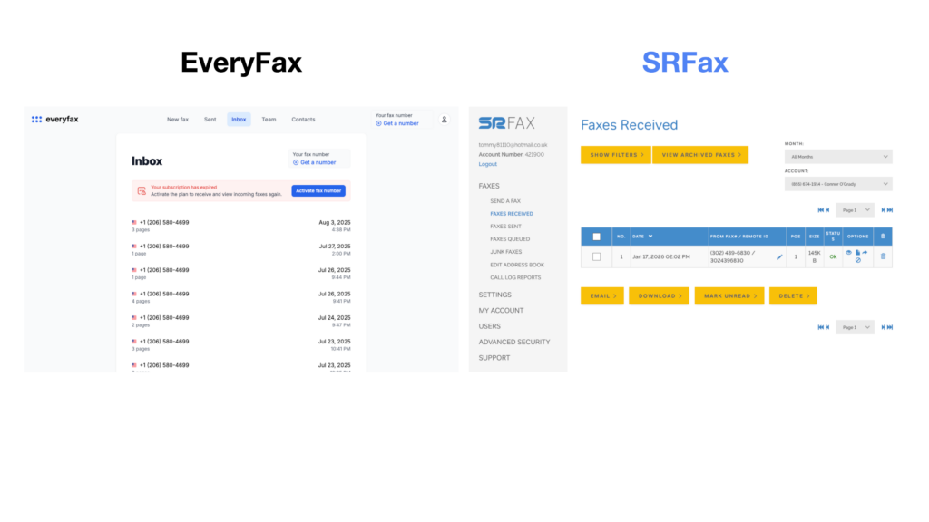 srfax vs everyfax inbox interface