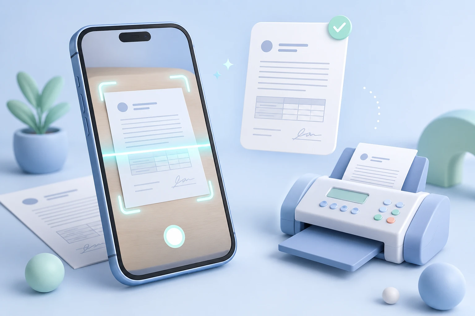 An iPhone scans a paper document with a glowing capture frame while a clean digital copy appears beside a fax machine, illustrating how to scan and fax from an iPhone.
