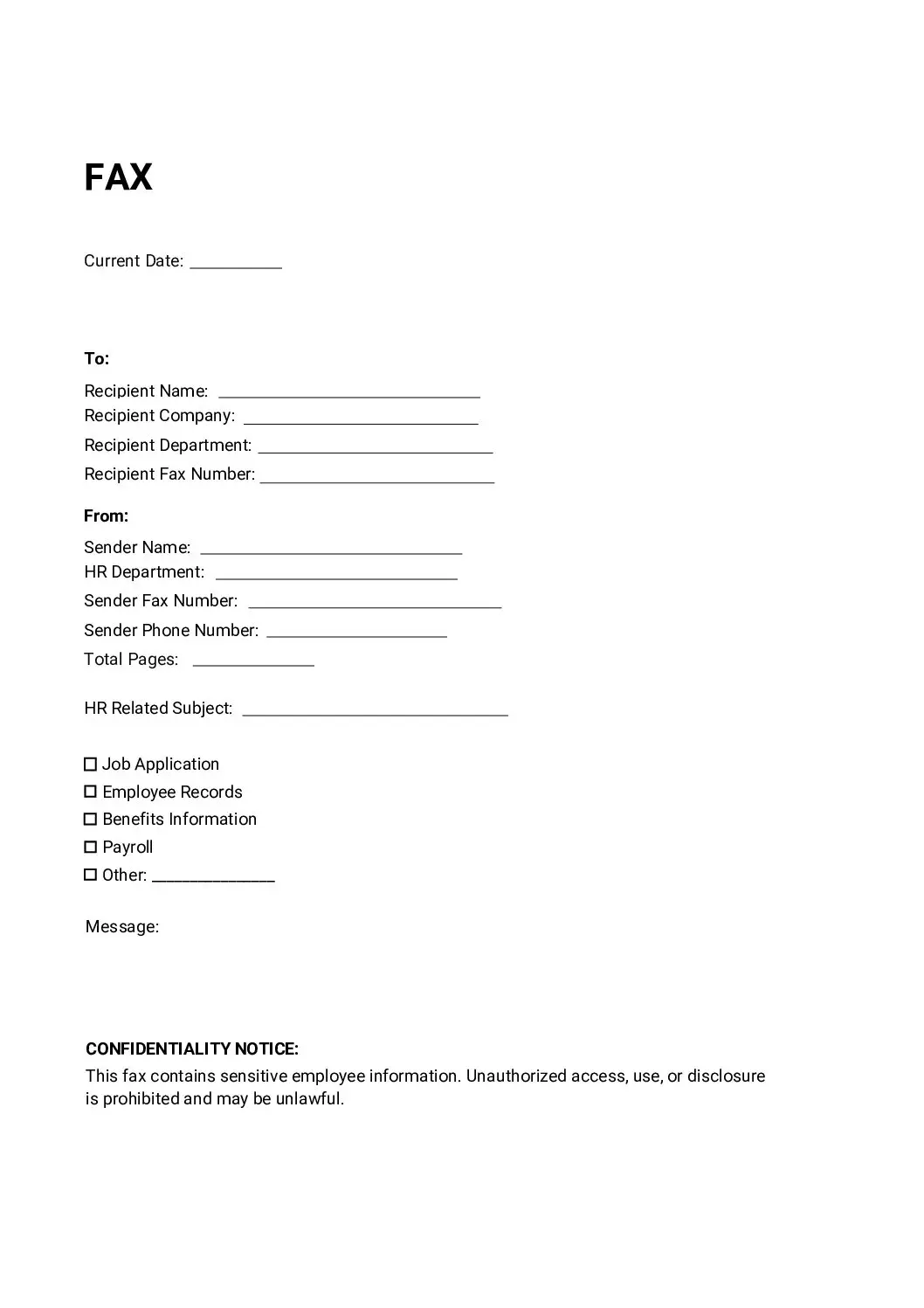 Human Resources Fax Cover Sheet