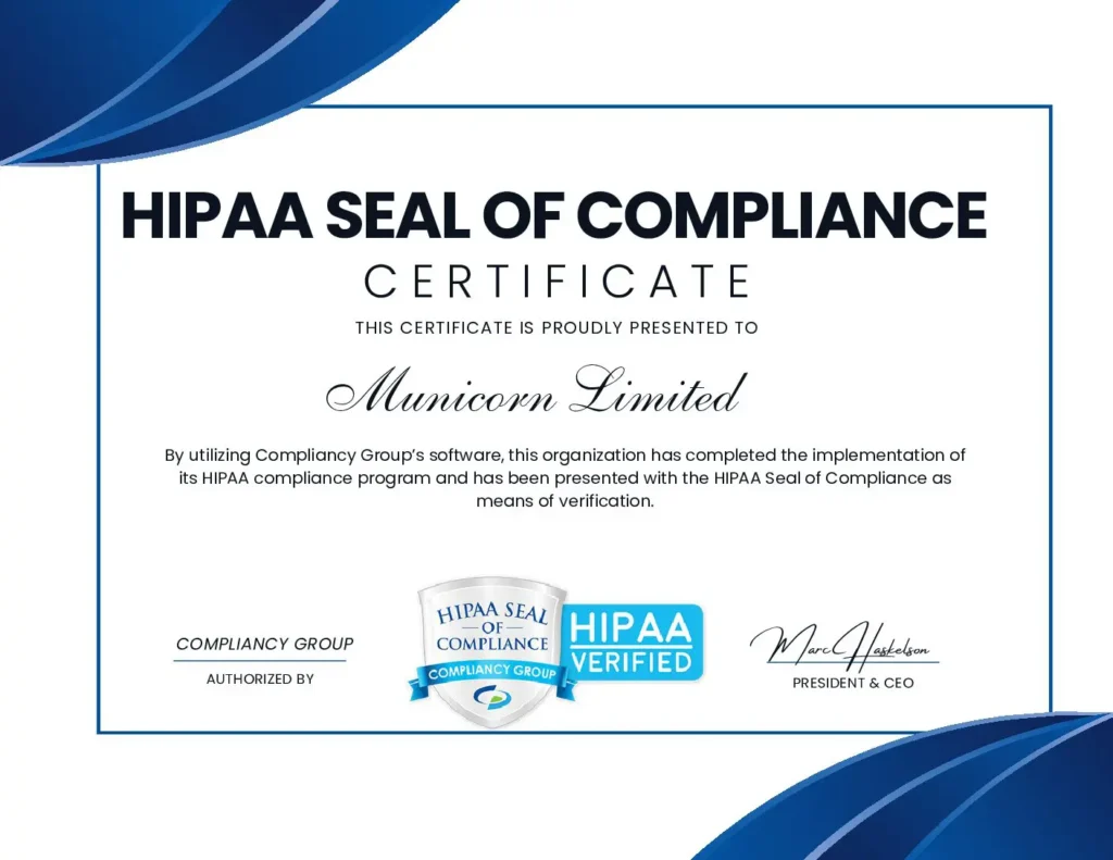 Municorn Hipaa certificate 