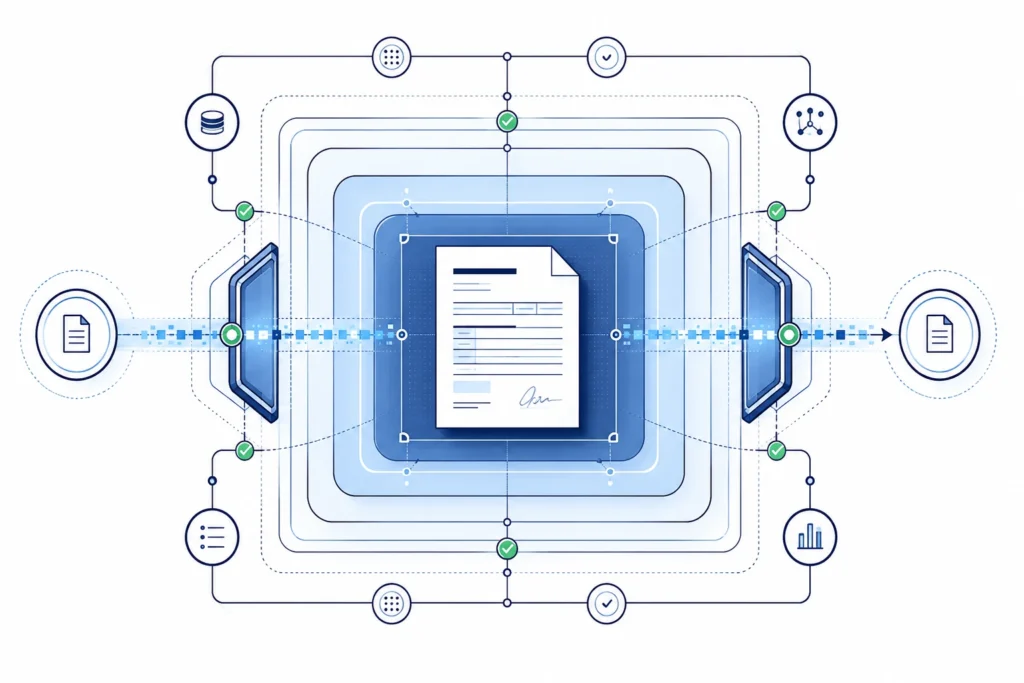A protected medical document sits inside layered security zones with verified checkpoints and controlled transmission paths, illustrating HIPAA-compliant faxing.