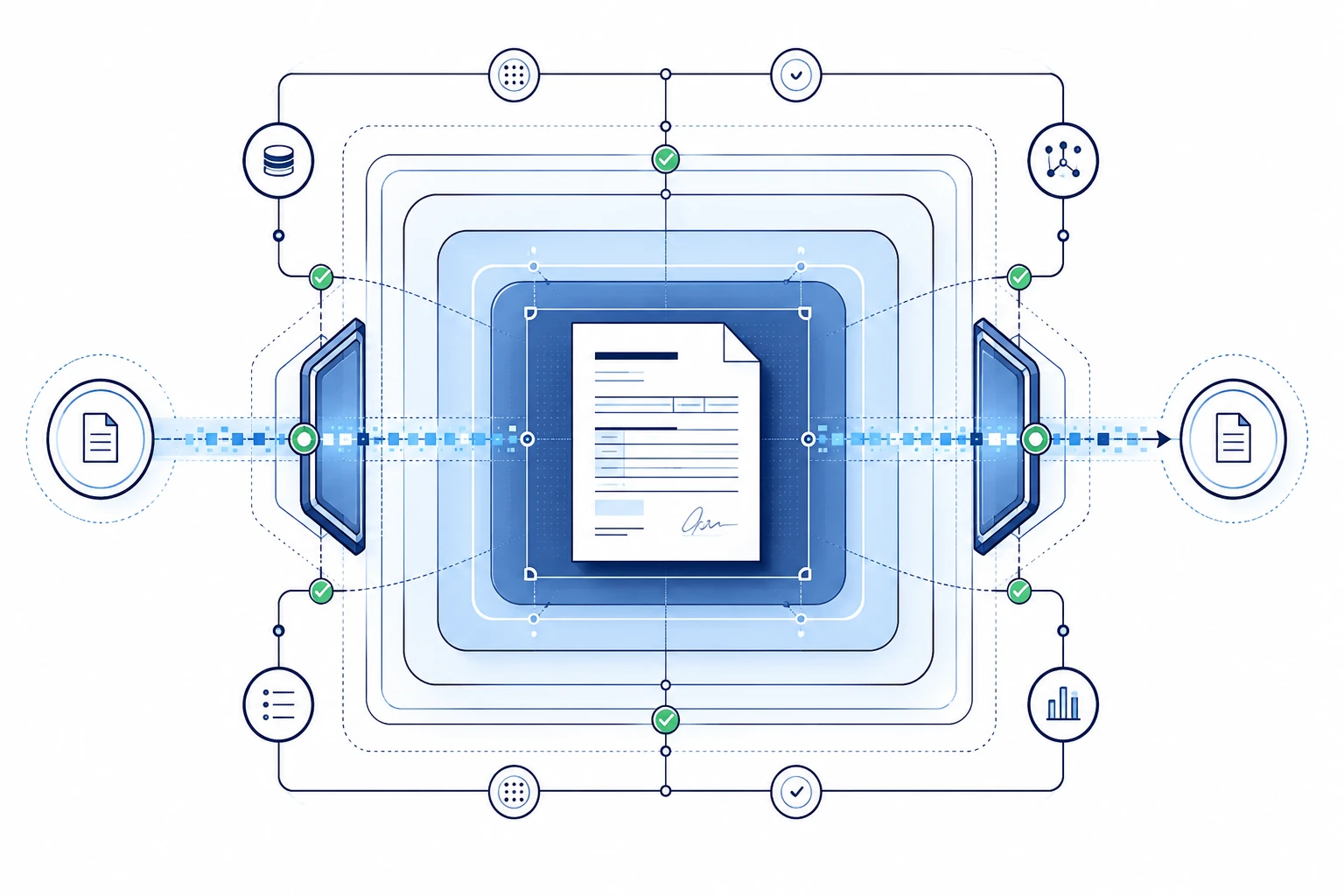 A protected medical document sits inside layered security zones with verified checkpoints and controlled transmission paths, illustrating HIPAA-compliant faxing.