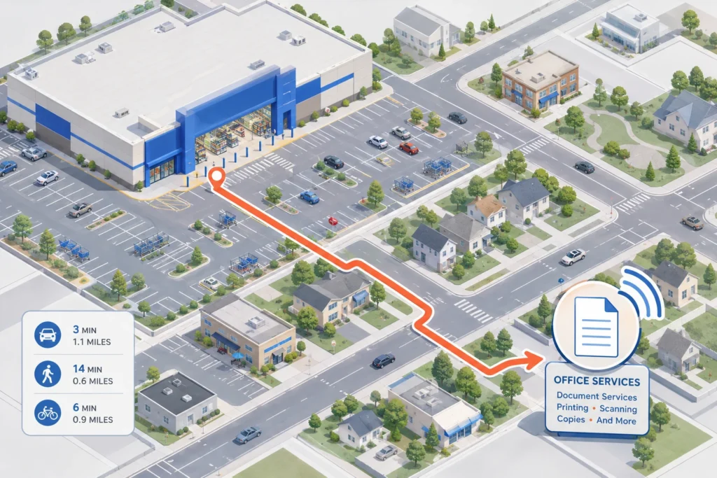 Aerial map of a large retail store and surrounding neighborhood with directions to a separate office-services location.