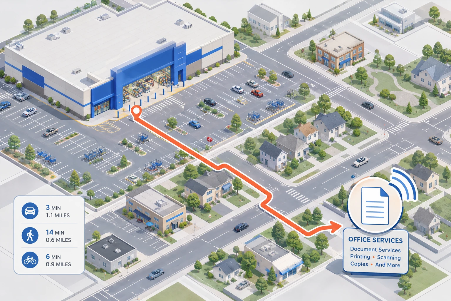 Aerial map of a large retail store and surrounding neighborhood with directions to a separate office-services location.