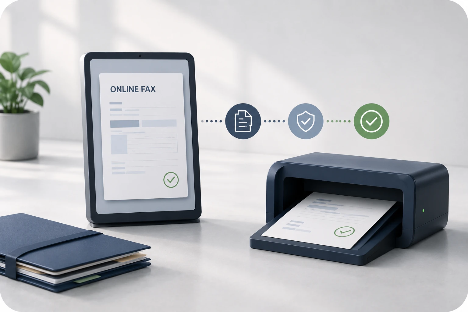 An online fax document moves through document, security, and verification stages before reaching a confirmed output.