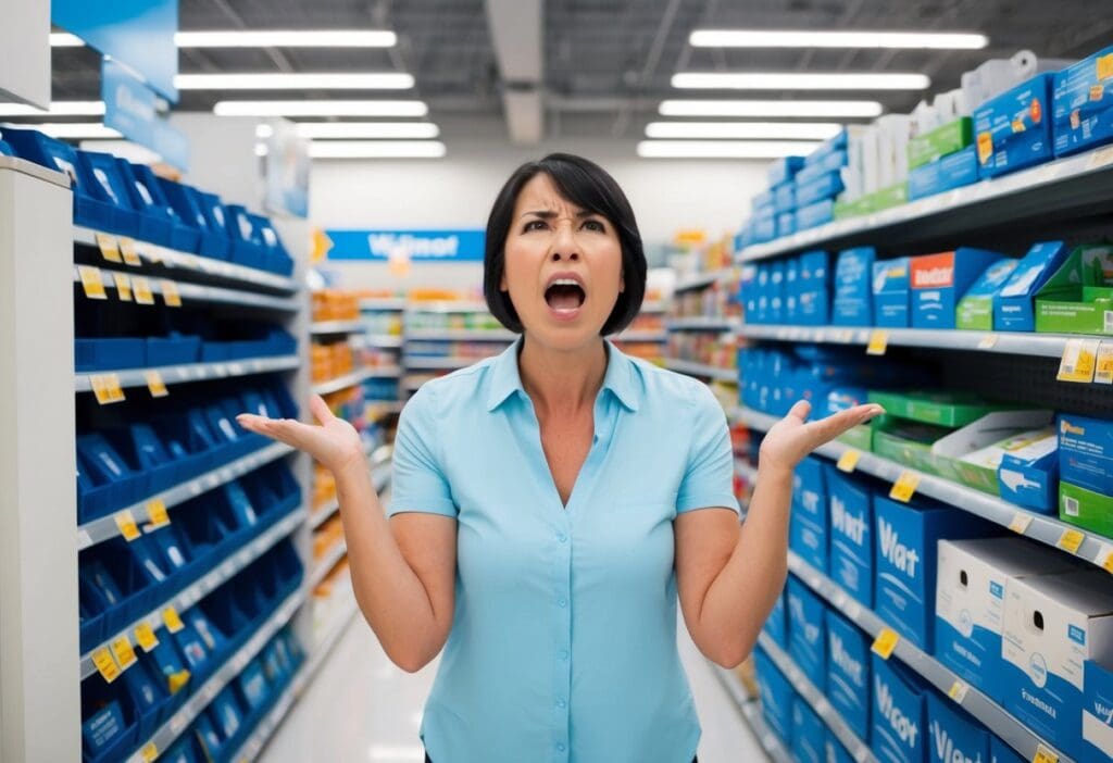 a woman frustrated at the fact there's no fax service in walmart