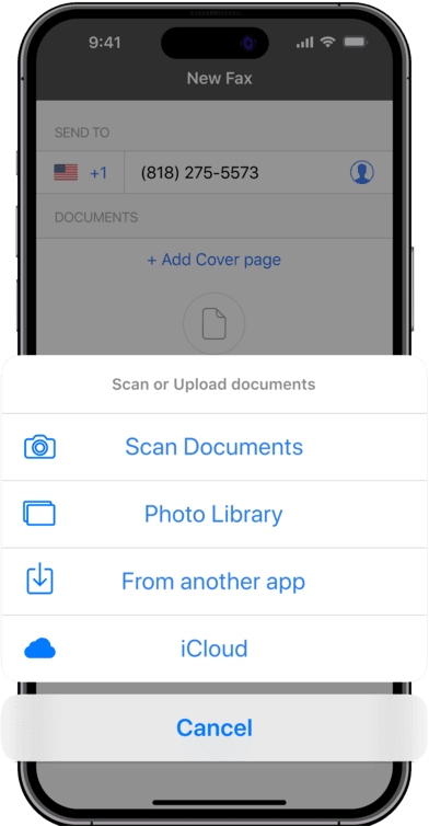 fax app attach document selection interface