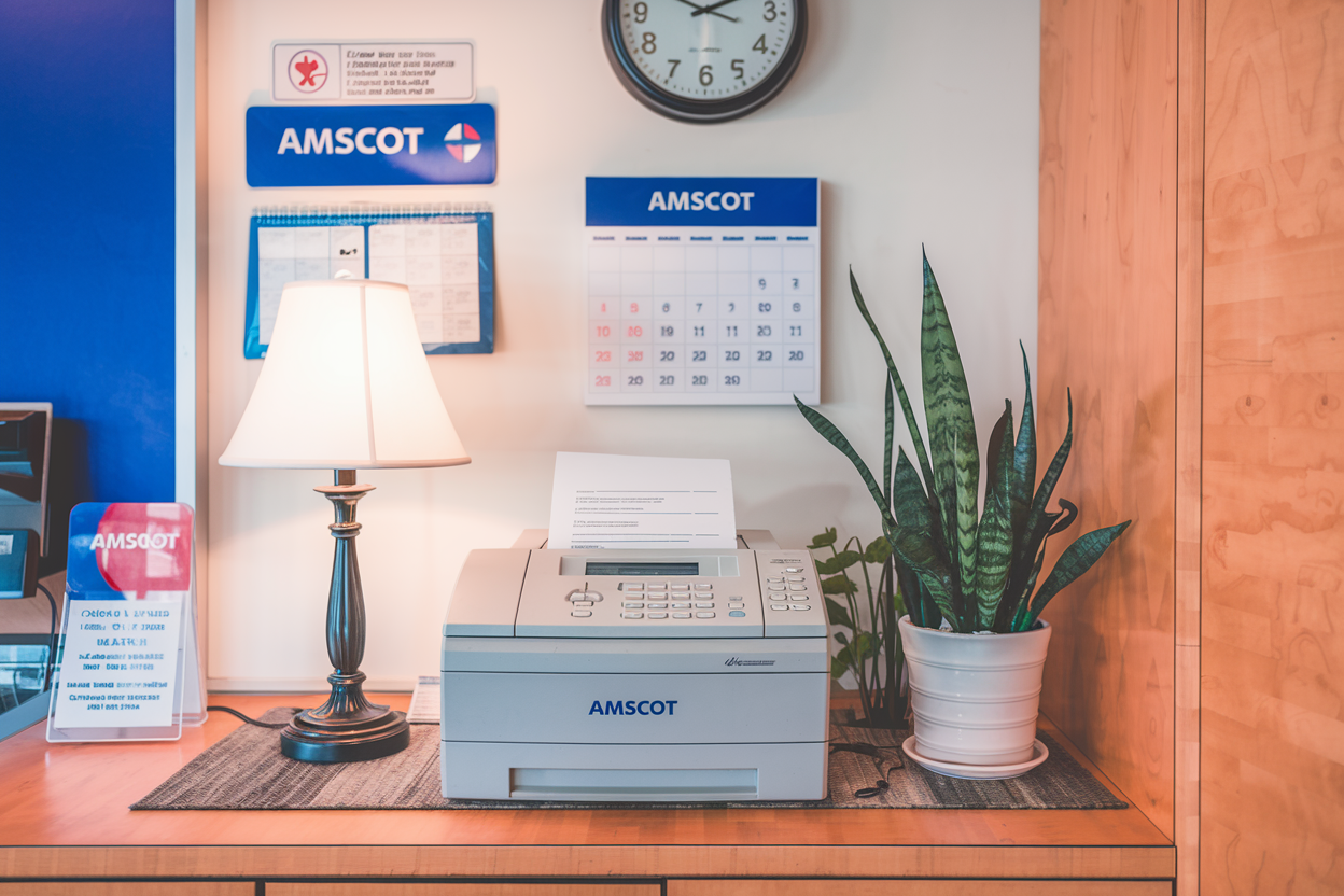 A photo of a fax machine at an Amscot location.