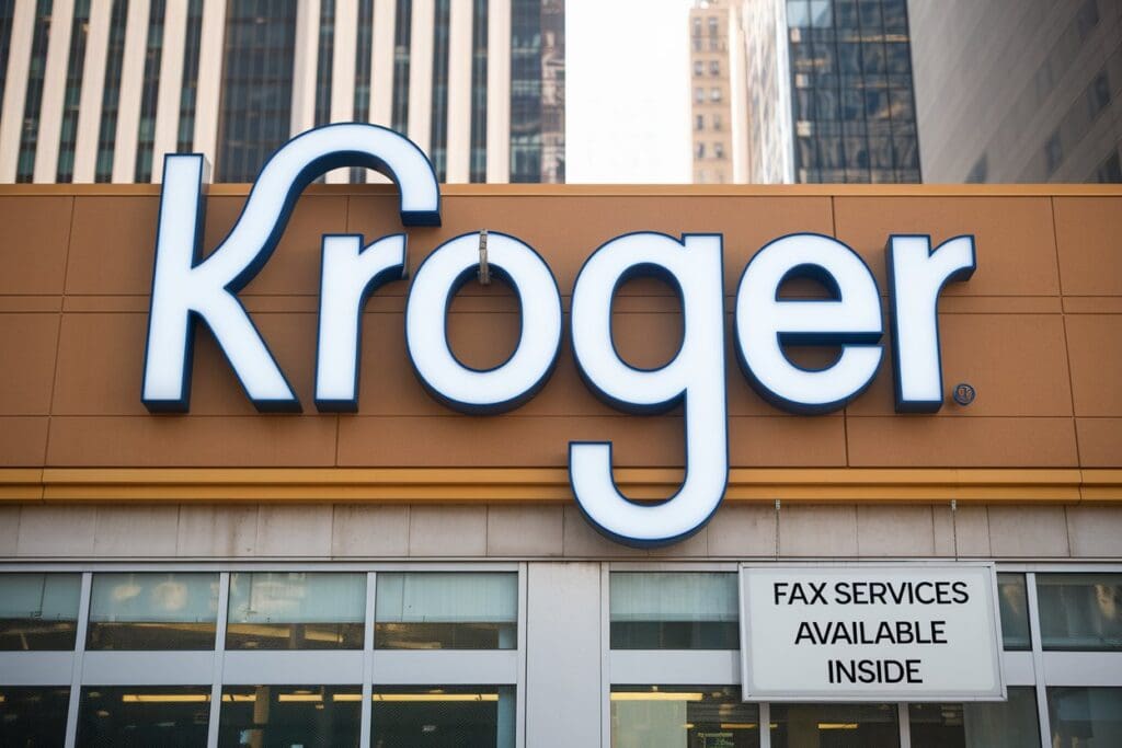 A photo of a Kroger store's facade. There's a sign that says "Fax services available inside". The background contains a cityscape with tall buildings.