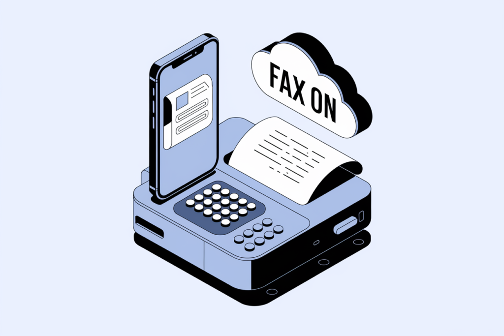 A vector illustration of a fax machine with an iPhone on the top. The iPhone has the app open with a fax document. There's a cloud with the app's name above the fax machine. 