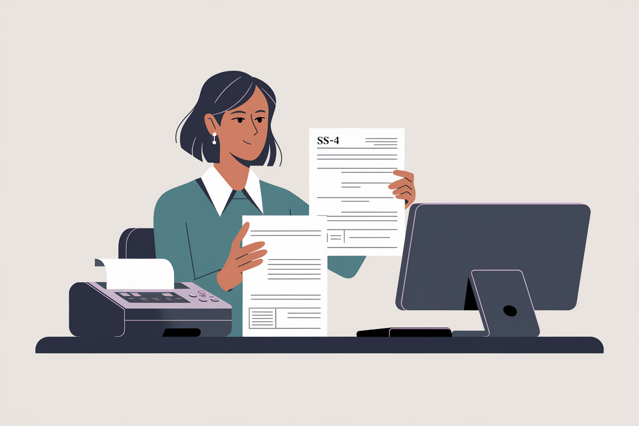 The illustration shows a woman sitting at a desk with a computer and a printer. She is holding a sheet of paper with the SS-4 form. There is a fax machine on the desk, with a cover sheet on top of the SS-4 form.