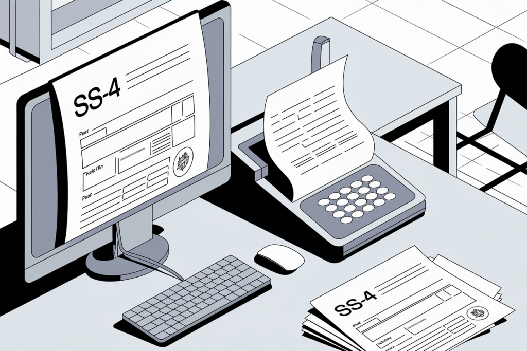 The illustration includes images of a computer monitor with the SS-4 form open, a fax machine with a fax cover sheet, and a physical copy of the SS-4 form. 