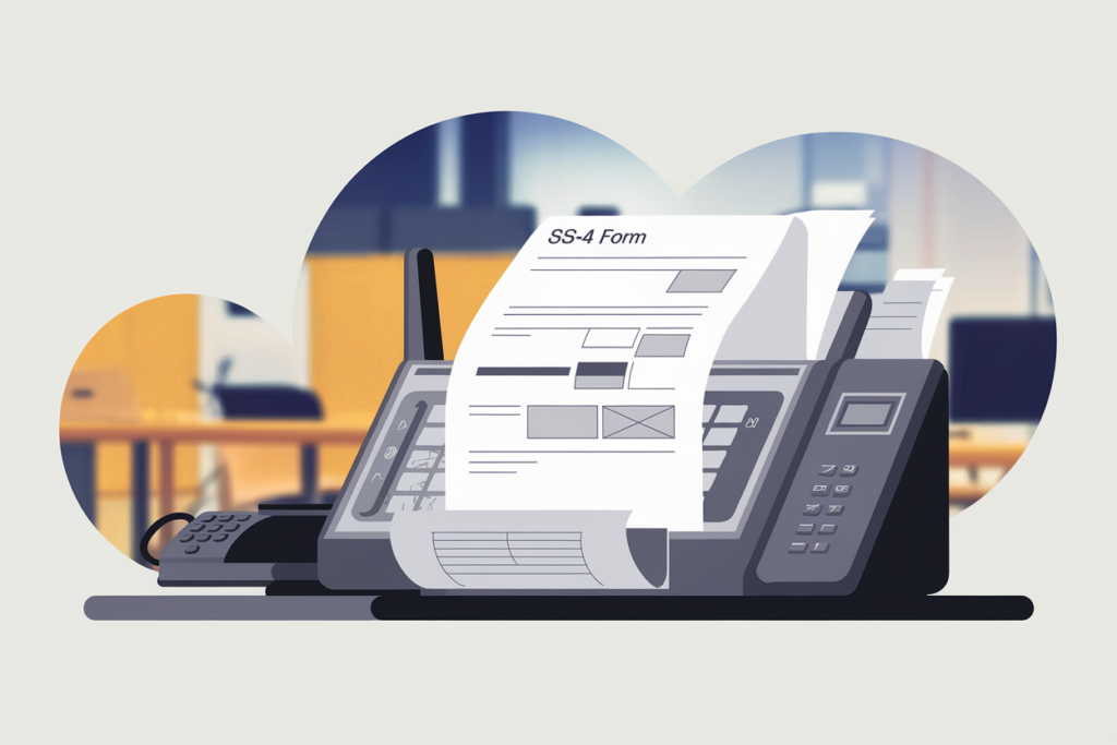 a fax machine with a sheet of paper in the tray. The sheet of paper has the text "SS-4 Form". There is a phone receiver next to the fax machine. The background has a blurred office setting with desks and chairs.