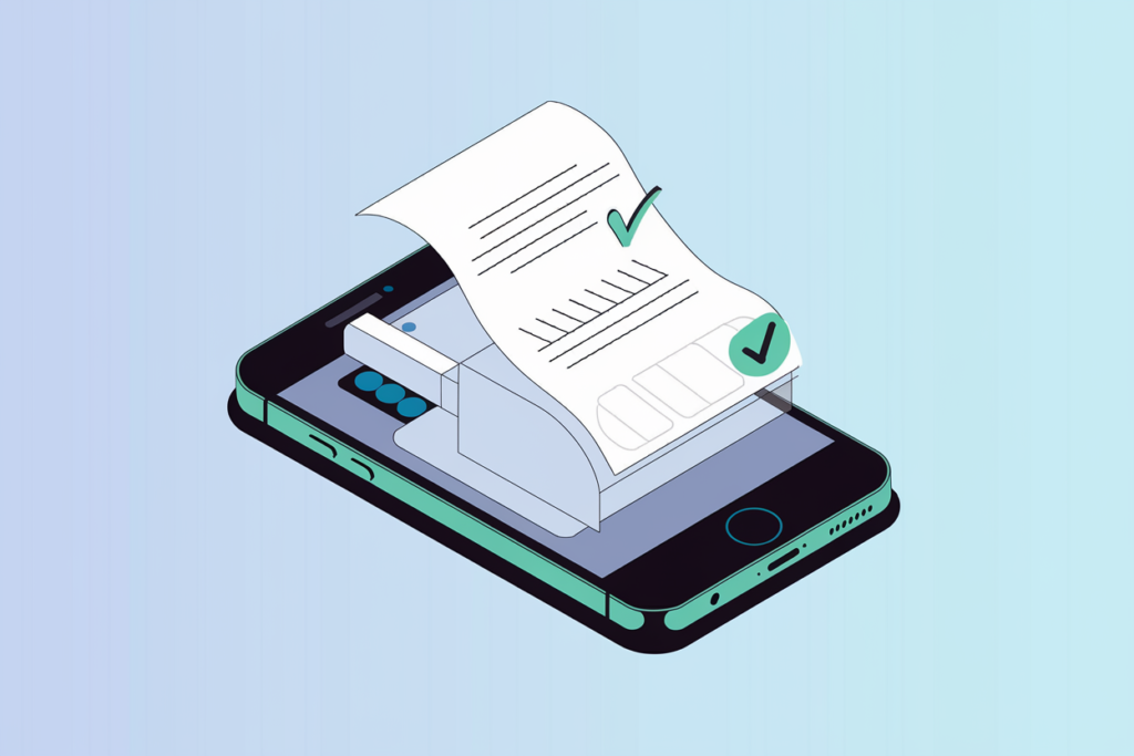 a stylized iPhone with a fax machine. The phone is showing a fax document with a checkmark