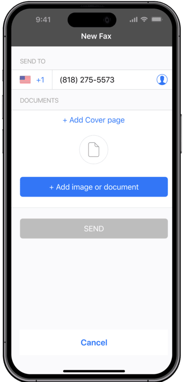 FAX From iPhone Send Fax Screen fax document