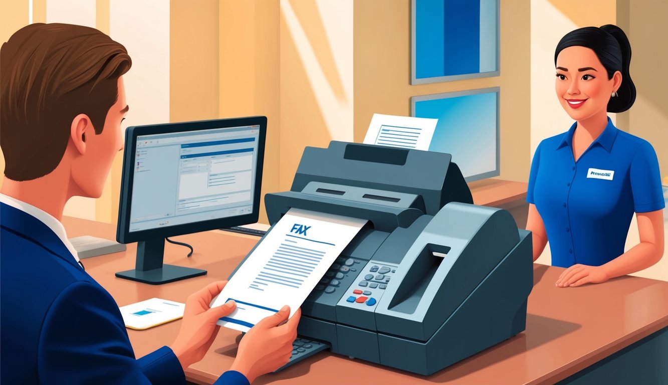 A customer places a document into a fax machine at PostalAnnex, while a staff member stands ready to assist