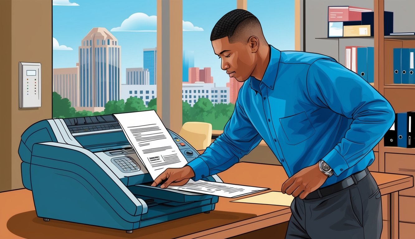 A person standing at a fax machine in a Dallas office, feeding a document into the machine