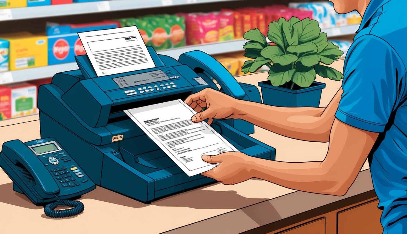 A person placing a document into a fax machine at a Kroger store counter