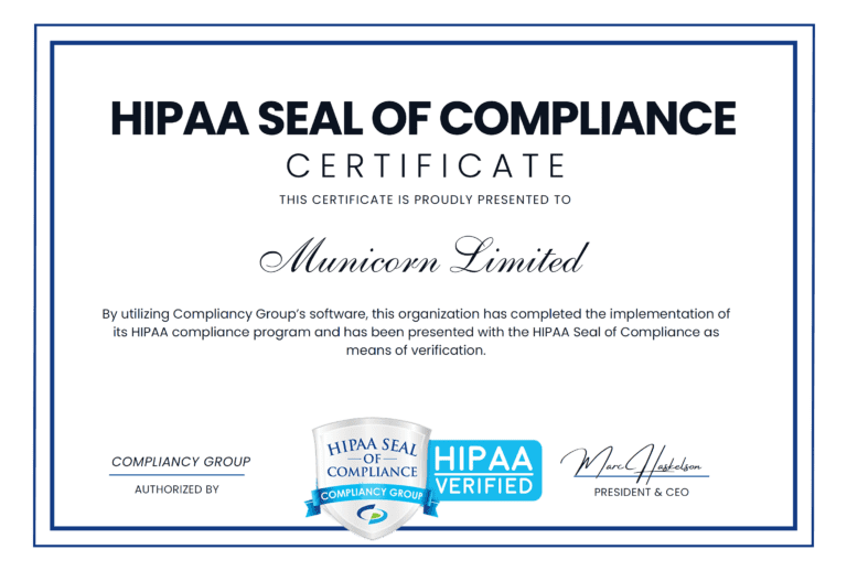Municorn HIPAA seal of compliance certificate
