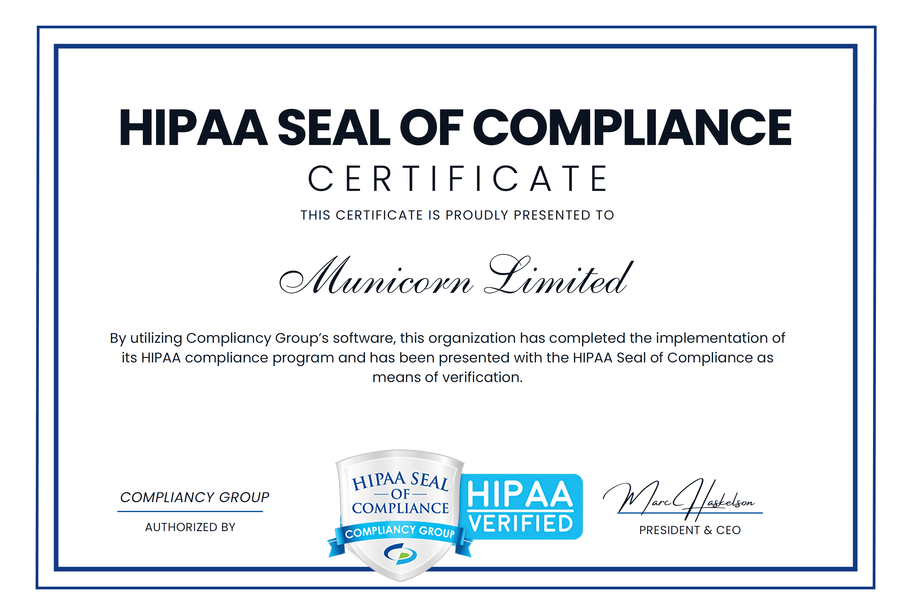 Municorn HIPAA seal of compliance certificate
