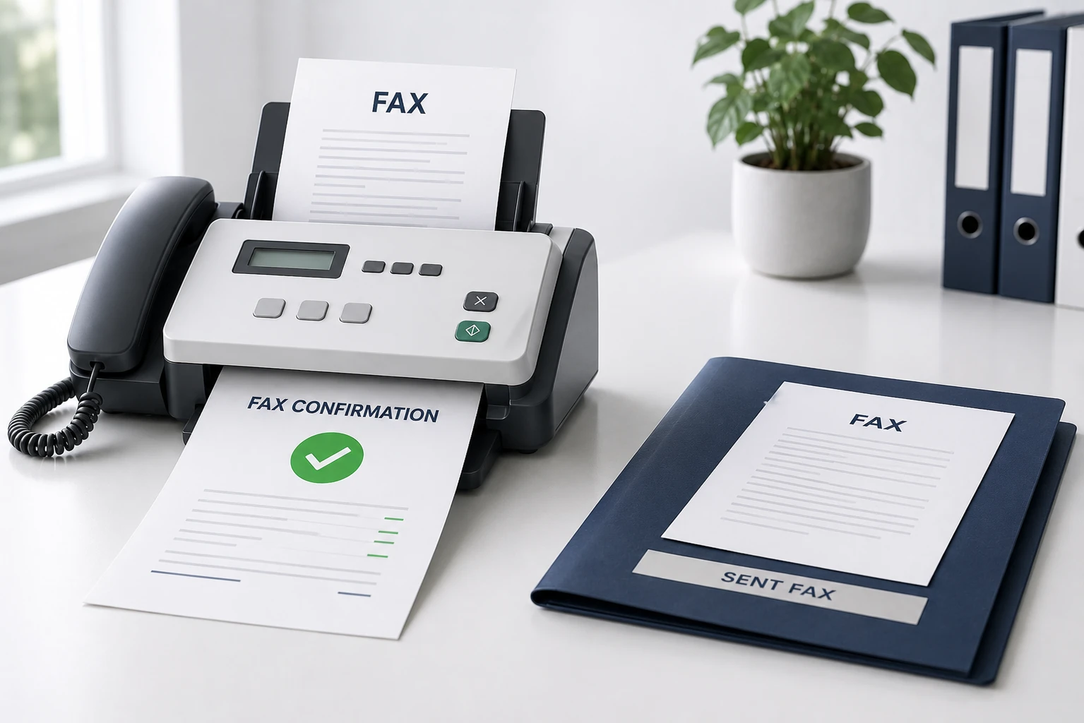 A modern fax machine prints a fax confirmation sheet with a green checkmark beside the original fax document in a navy folder, illustrating proof of delivery.