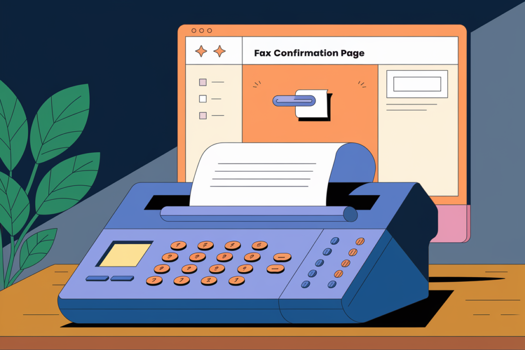 The illustration shows a fax machine with a paper coming out of it, displaying a confirmation message.