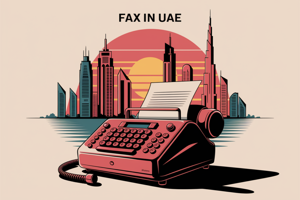 An elegant, illustrated portrait of an old-fashioned fax machine set against a backdrop of iconic Dubai skyscrapers at sunset.