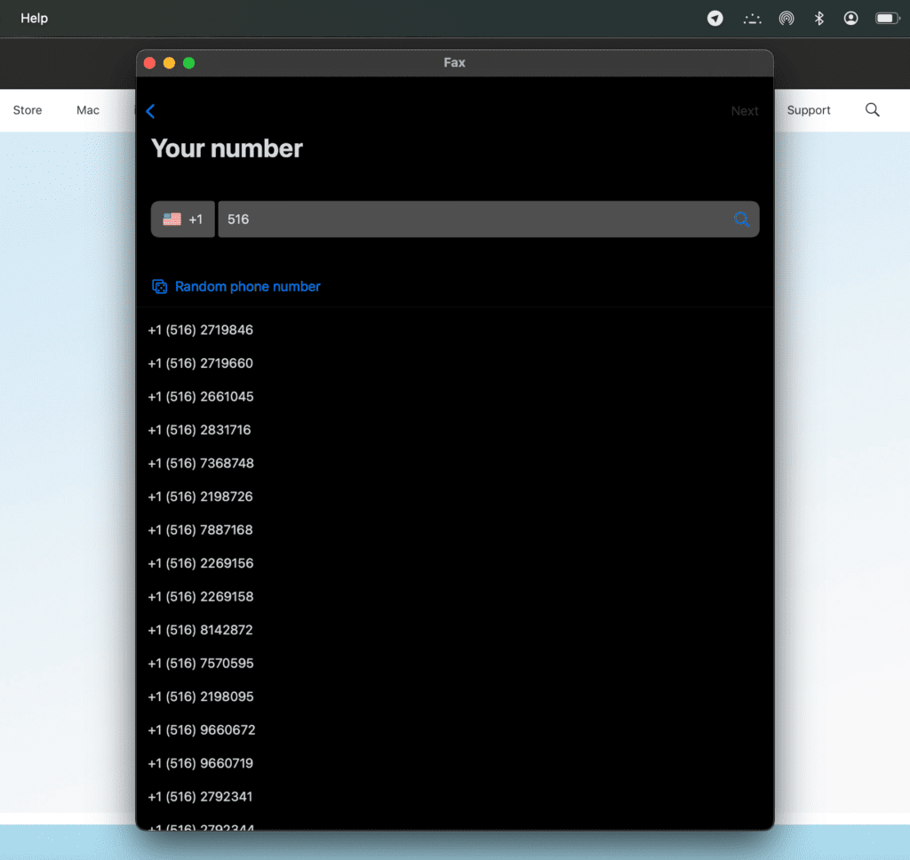 Fax auf Mac Municorn Fax App-Oberfläche zur Auswahl der Faxnummer