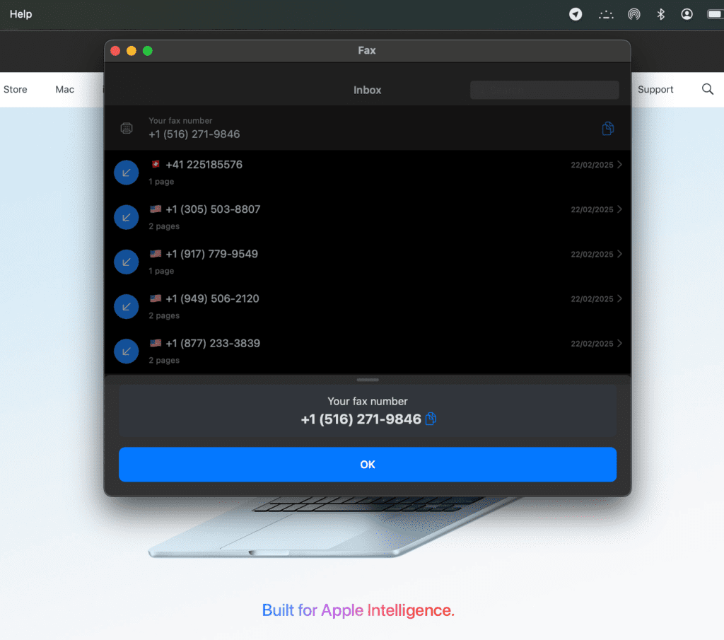 Fax auf Mac Municorn Fax App-Bestätigungs-Oberfläche für die Faxnummer