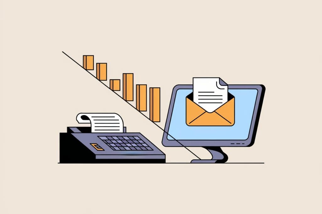 There is a fax machine with a paper coming out of it. Next to it, there is a computer with an open email. There is a comparison graph between the two, showing the decline in fax usage and the rise in email usage.