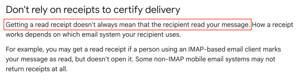 google help screenshot saying that read email confirmation does not confirm read status