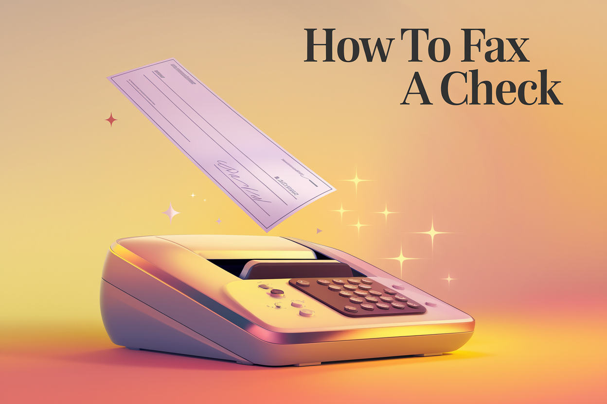 a sleek, modern fax machine stands prominently against a warm, gradient background transitioning from soft yellow to gentle orange. A single, crisp check floats elegantly above the machine, hovering mid-air as if magically transmitted. "How to Fax a Check" is displayed in bold, elegant font at the top right corner of the image.