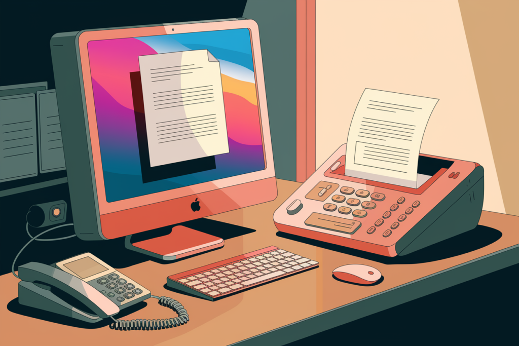 The image is a small office setting with a Mac computer and a fax machine. There's a document on the Mac's screen and another one on the fax machine. There's a telephone near the fax machine.