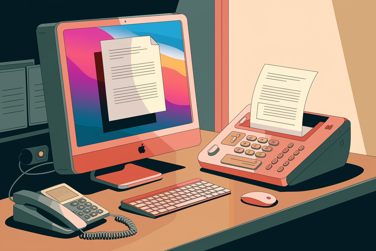 The image is a small office setting with a Mac computer and a fax machine. There's a document on the Mac's screen and another one on the fax machine. There's a telephone near the fax machine.